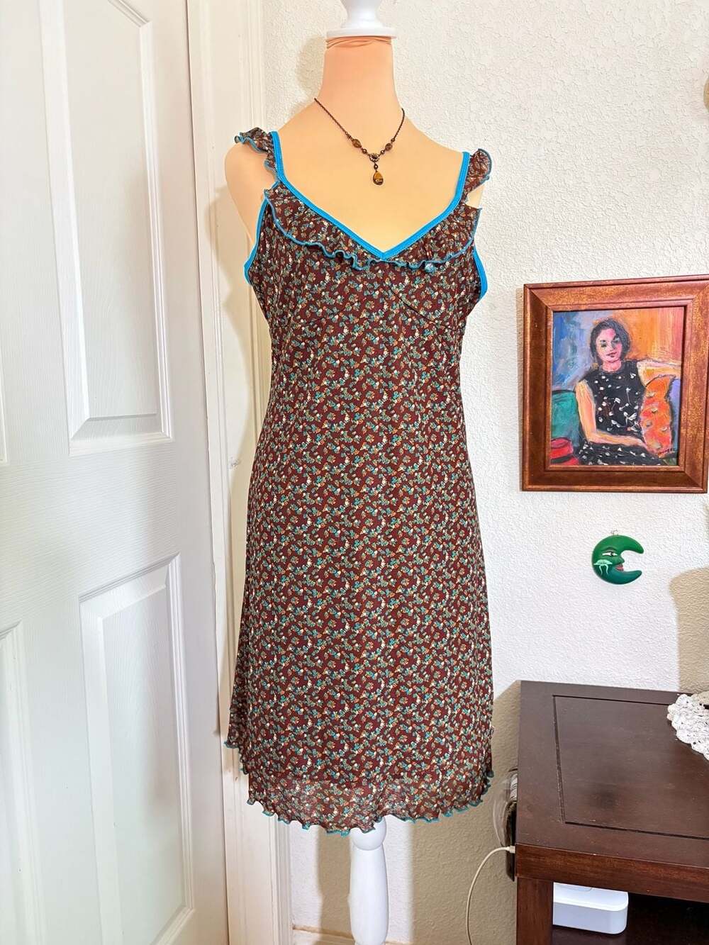 Xhilaration Brown Floral Slip Dress Y2K Ruffle Trim